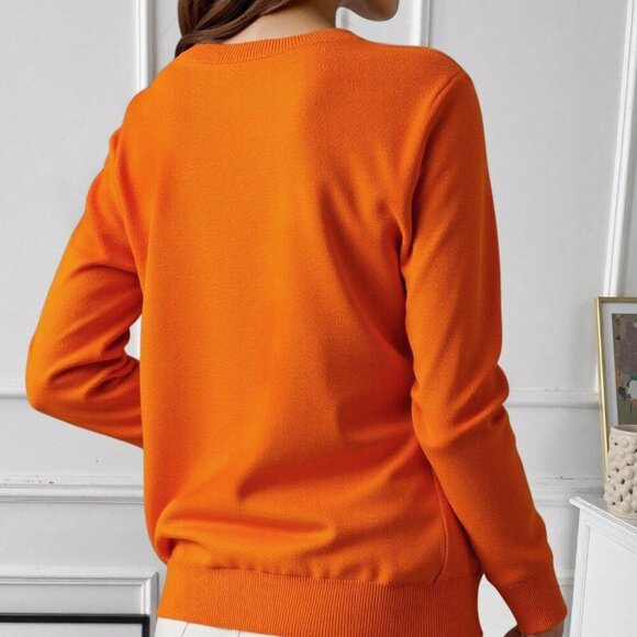 Orange Casual Women's Round Neck Front Button Cardigan - Picture 3 of 6